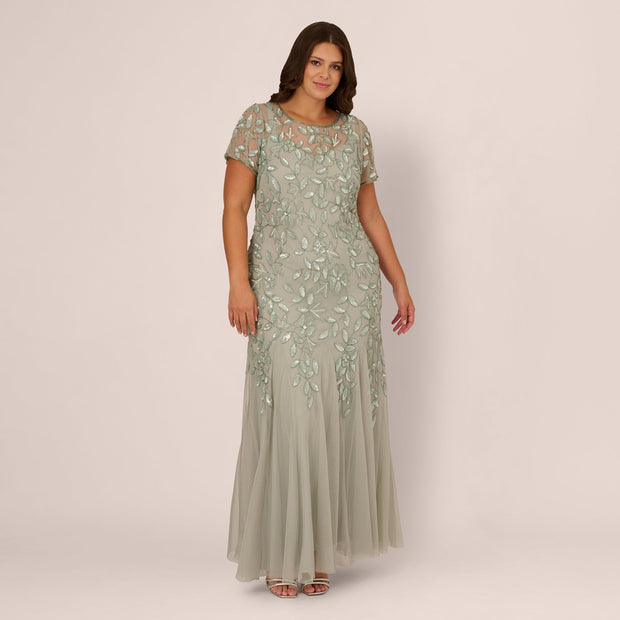 Plus Size Hand Beaded Short Sleeve Floral Godet Gown In Frosted Sage