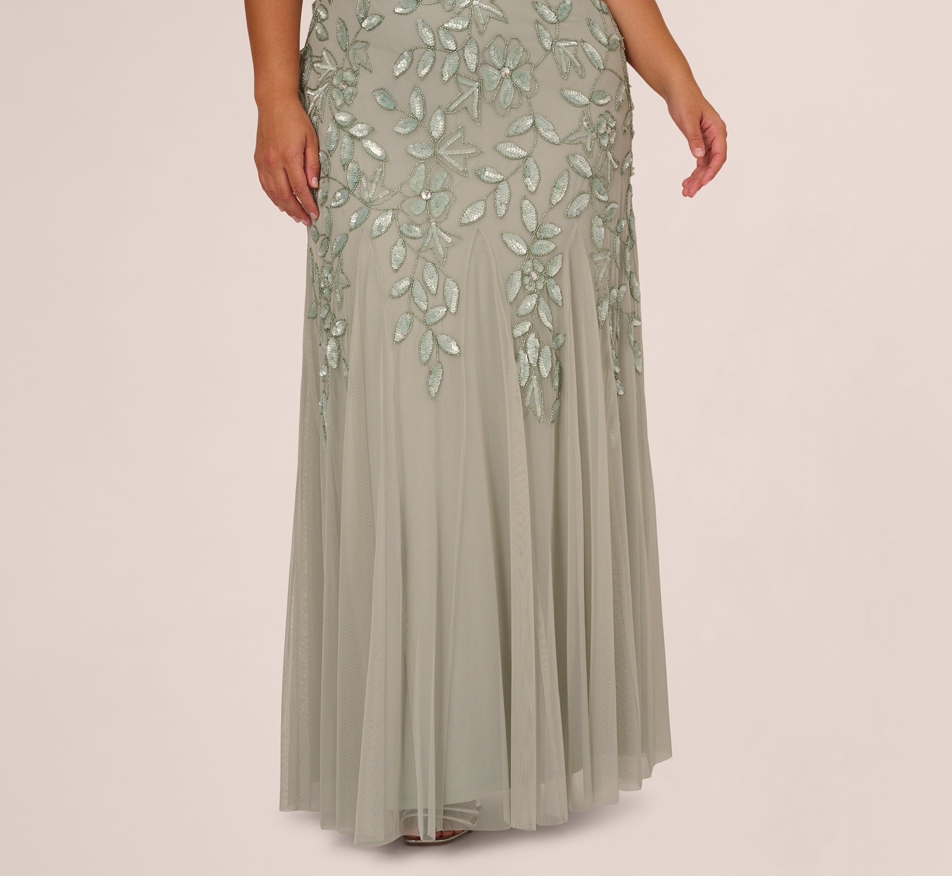 Plus Size Hand Beaded Short Sleeve Floral Godet Gown In Frosted Sage
