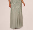 Plus Size Hand Beaded Short Sleeve Floral Godet Gown In Frosted Sage
