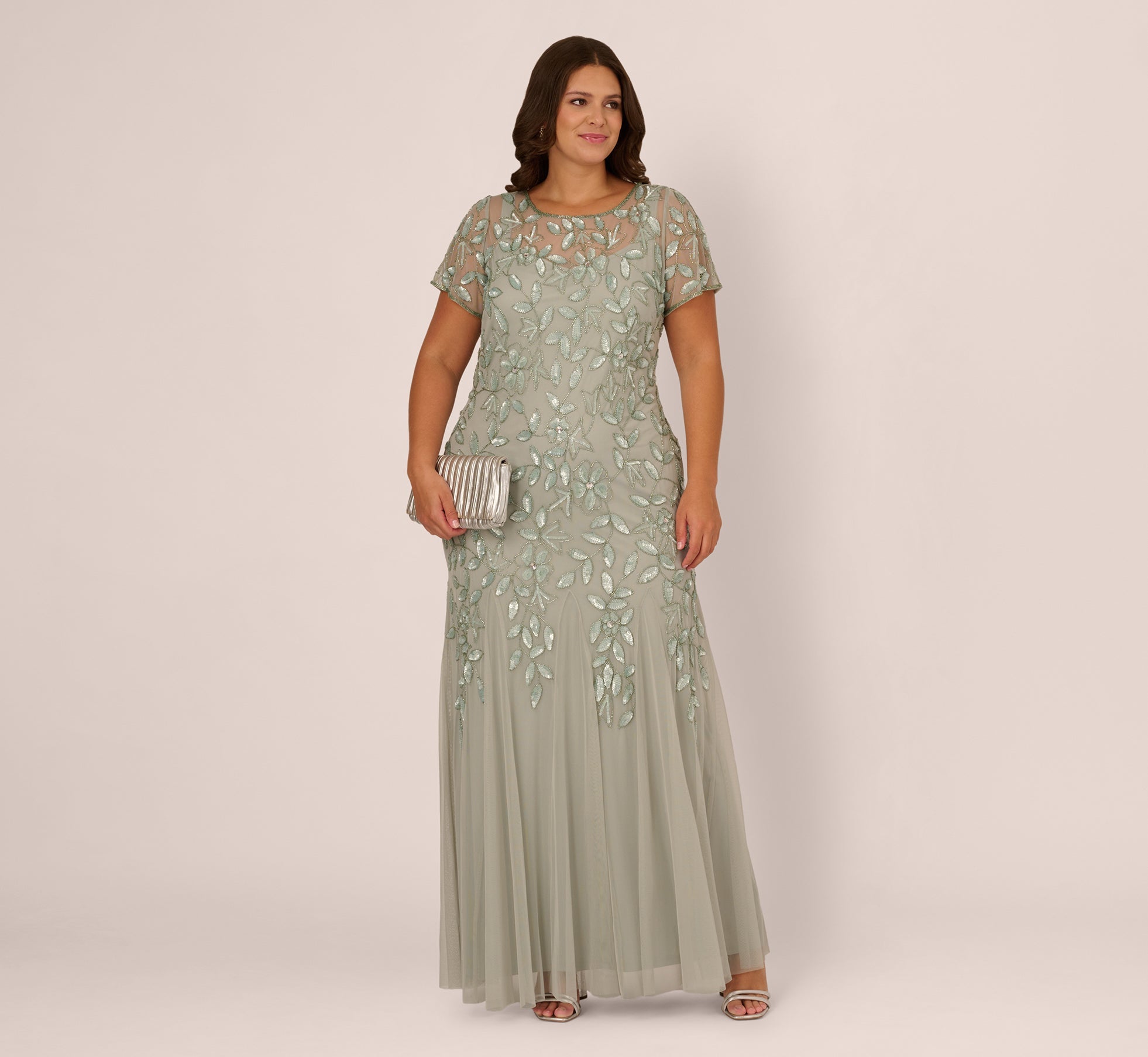 Plus Size Hand Beaded Short Sleeve Floral Godet Gown In Frosted Sage