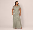 Plus Size Hand Beaded Short Sleeve Floral Godet Gown In Frosted Sage