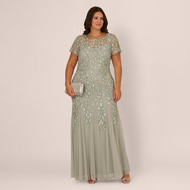 Plus Size Hand Beaded Short Sleeve Floral Godet Gown In Frosted Sage
