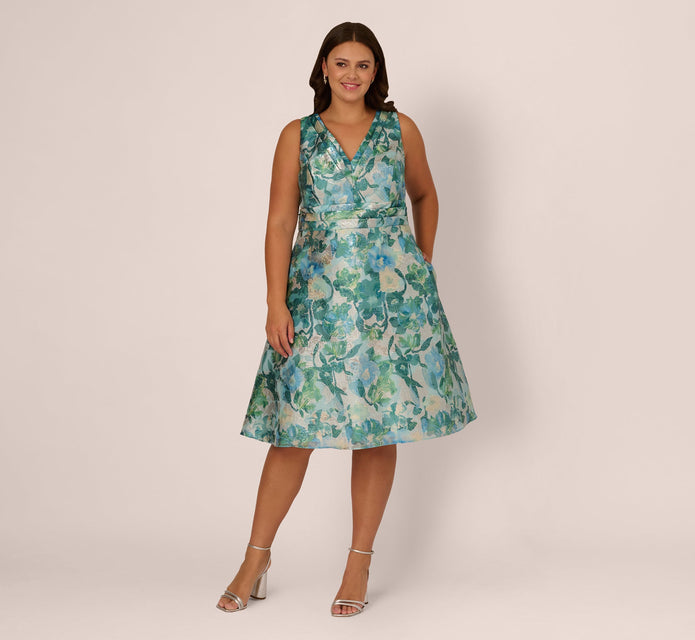 Plus Size Metallic Floral Jacquard Midi Dress In Blue Multi