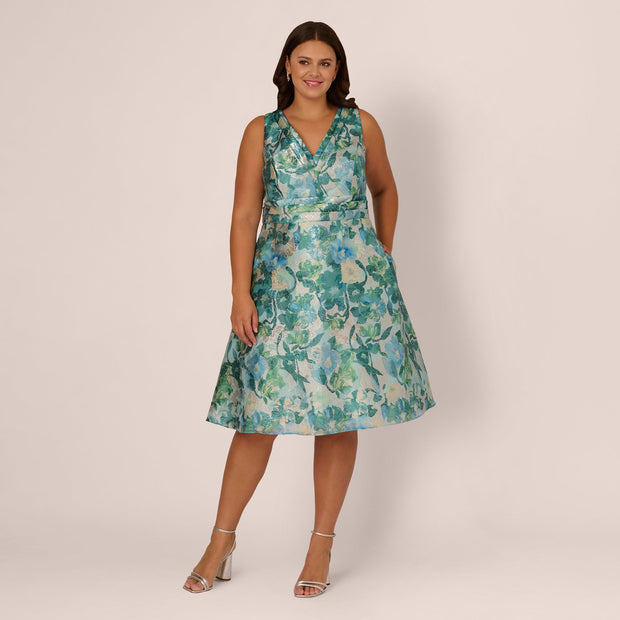 Plus Size Metallic Floral Jacquard Midi Dress In Blue Multi