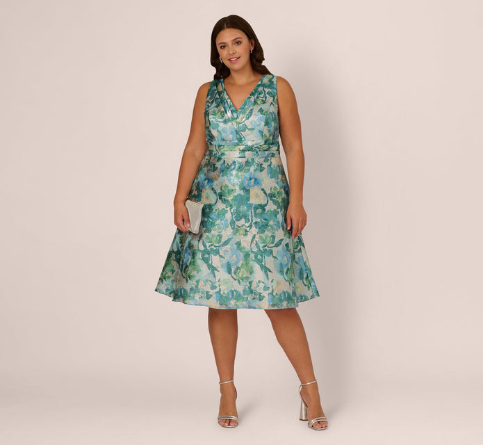 Plus Size Metallic Floral Jacquard Midi Dress In Blue Multi