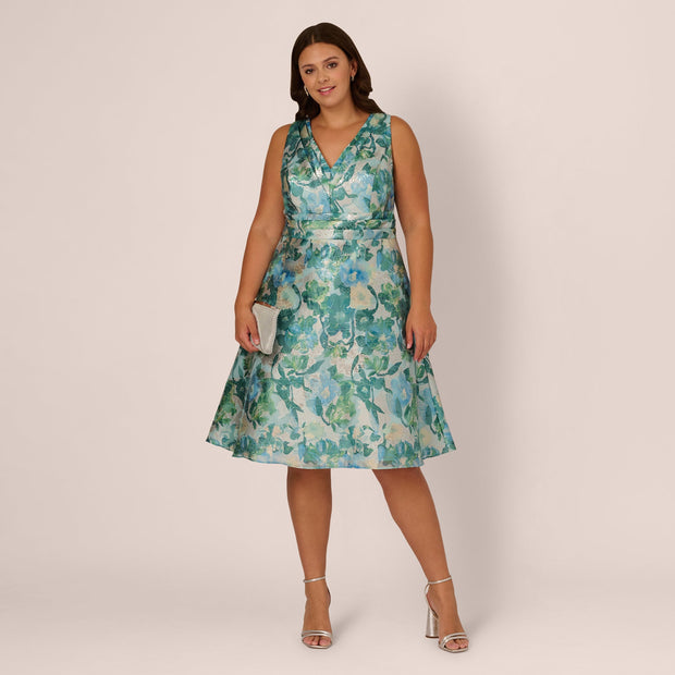 Plus Size Metallic Floral Jacquard Midi Dress In Blue Multi