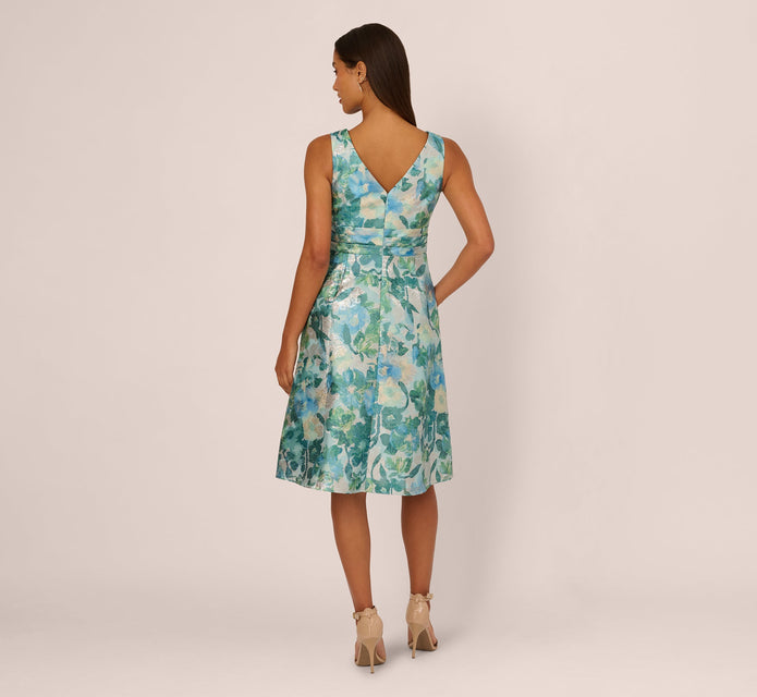 Metallic Floral Jacquard Midi Dress In Blue Multi