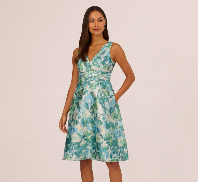 Metallic Floral Jacquard Midi Dress In Blue Multi