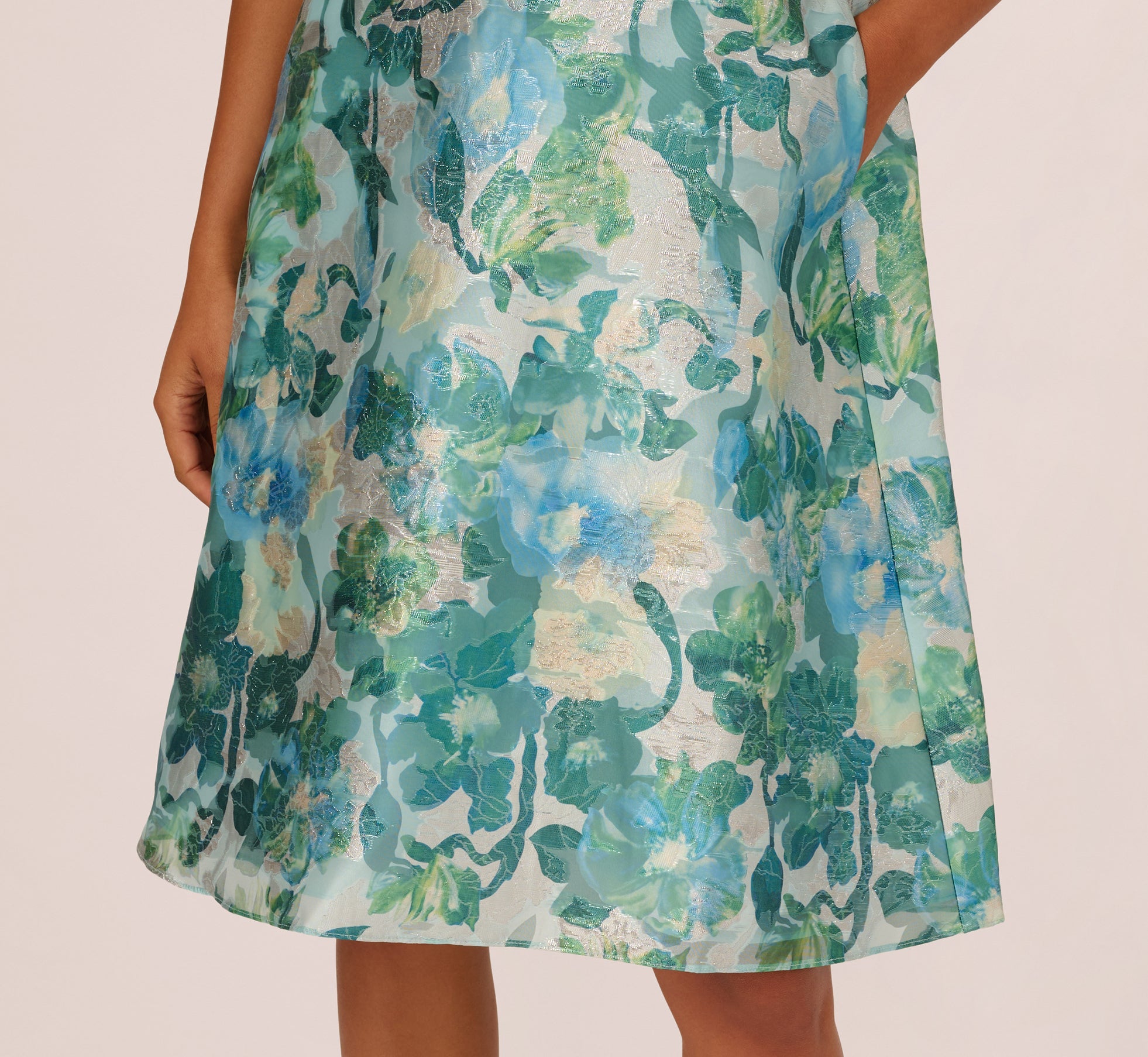 Metallic Floral Jacquard Midi Dress In Blue Multi