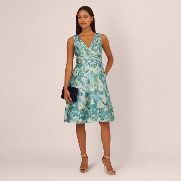 Metallic Floral Jacquard Midi Dress In Blue Multi