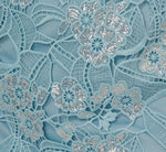 Off Shoulder Bell Sleeve Sequin Lace Gown In Airy Aqua