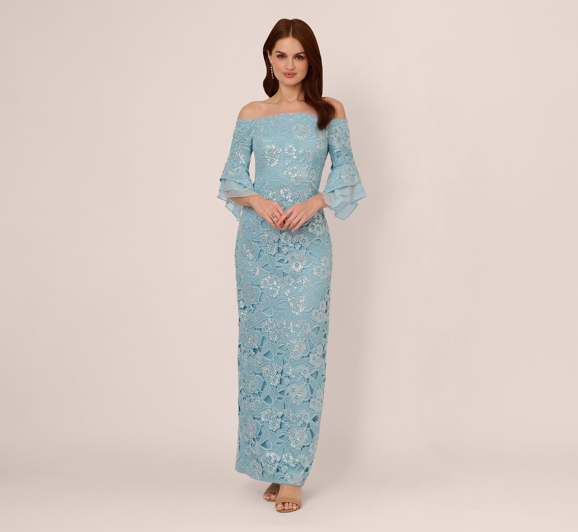 Off Shoulder Bell Sleeve Sequin Lace Gown In Airy Aqua