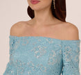 Off Shoulder Bell Sleeve Sequin Lace Gown In Airy Aqua