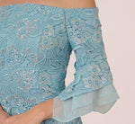 Off Shoulder Bell Sleeve Sequin Lace Gown In Airy Aqua