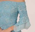 Off Shoulder Bell Sleeve Sequin Lace Gown In Airy Aqua