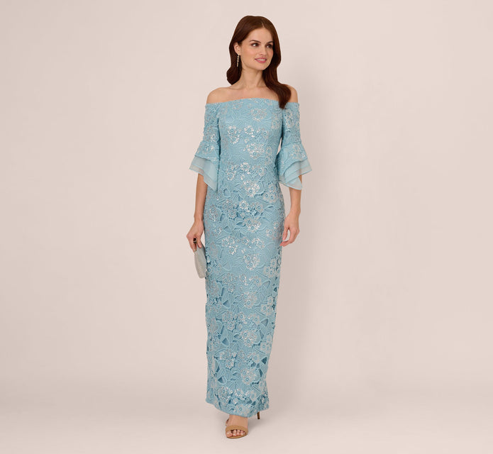 Off Shoulder Bell Sleeve Sequin Lace Gown In Airy Aqua