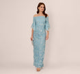 Off Shoulder Bell Sleeve Sequin Lace Gown In Airy Aqua