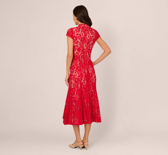 Cap Sleeve Lace Midi Dress In Red Nude