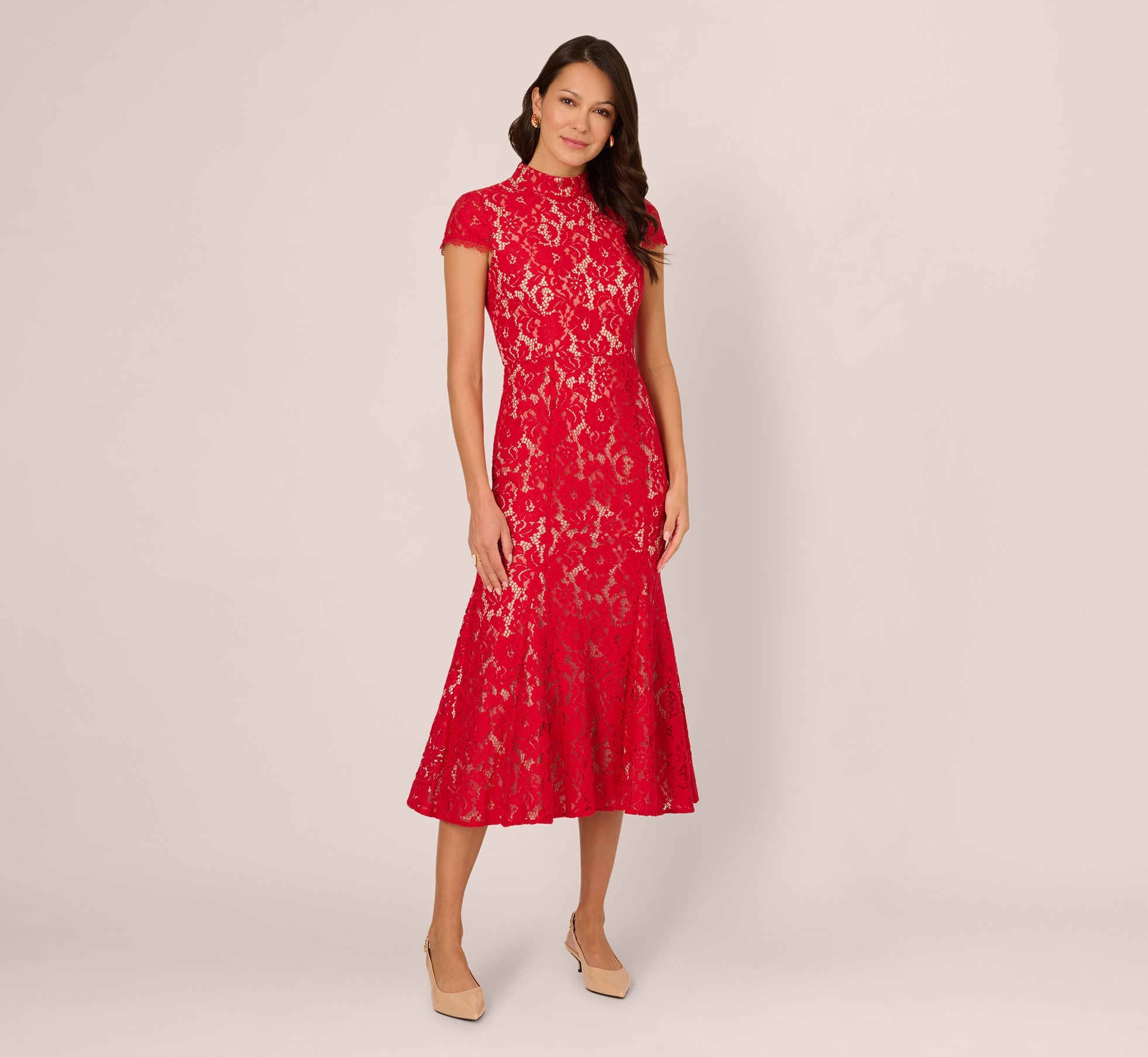 Cap Sleeve Lace Midi Dress In Red Nude