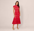 Cap Sleeve Lace Midi Dress In Red Nude