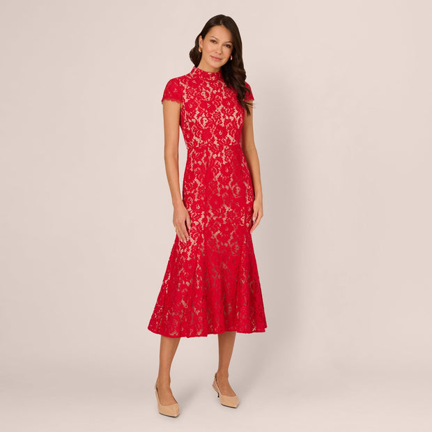 Cap Sleeve Lace Midi Dress In Red Nude
