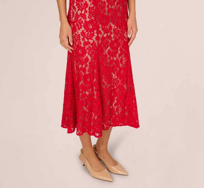Cap Sleeve Lace Midi Dress In Red Nude