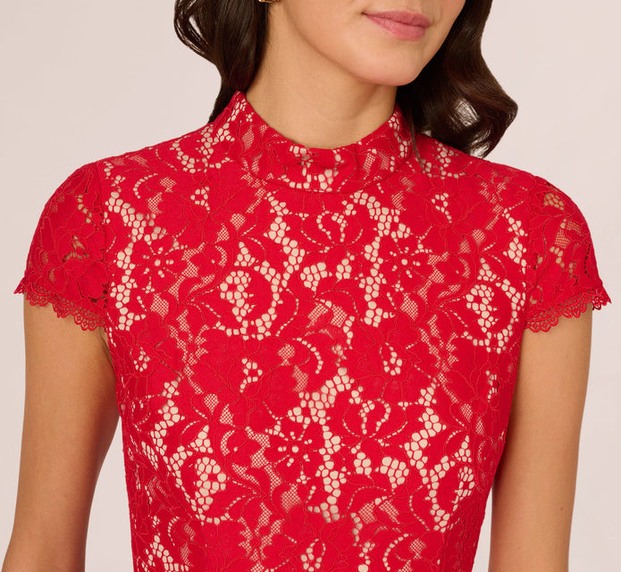 Cap Sleeve Lace Midi Dress In Red Nude