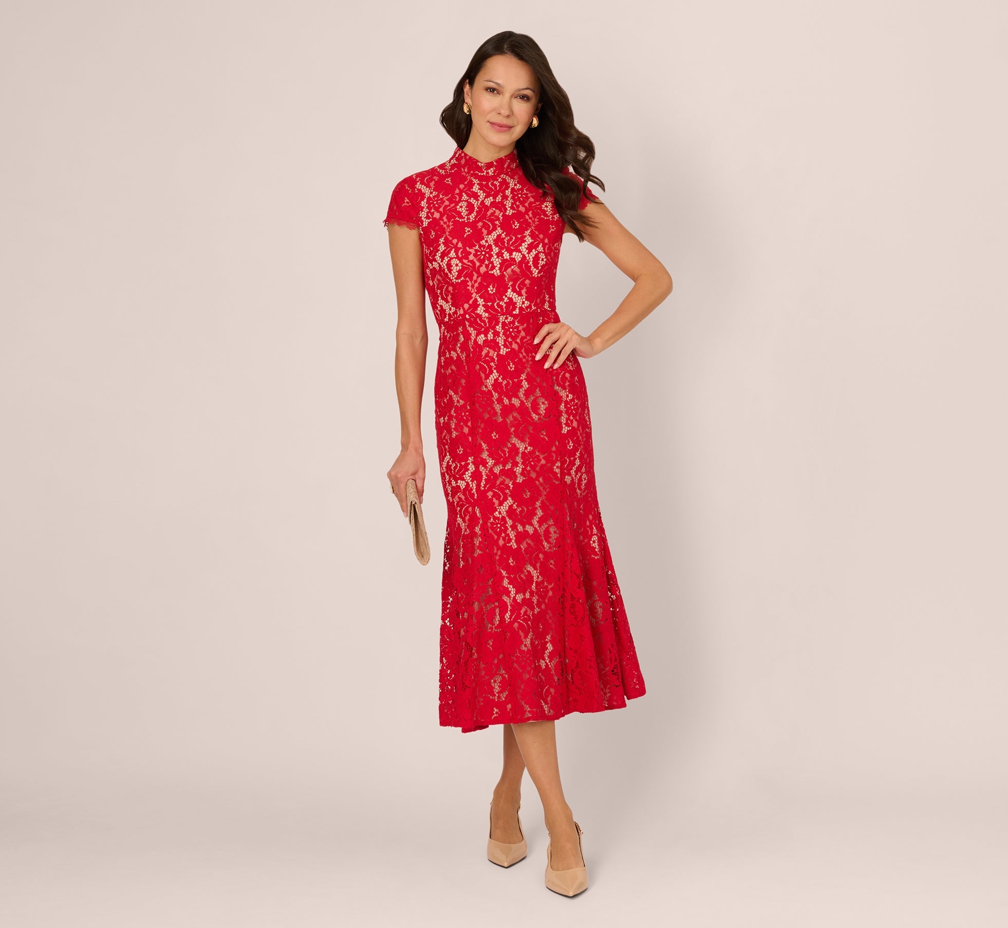 Cap Sleeve Lace Midi Dress In Red Nude