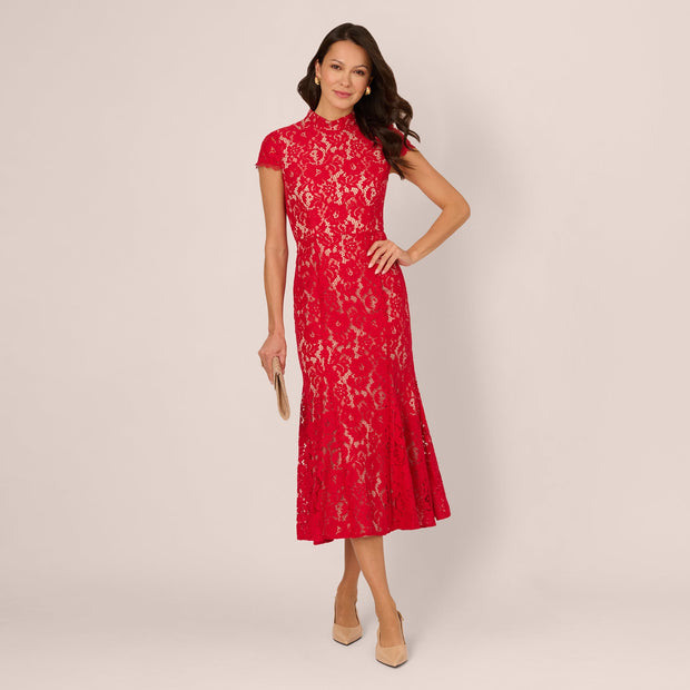 Cap Sleeve Lace Midi Dress In Red Nude