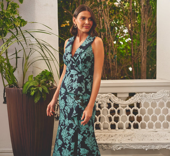 Floral Jacquard Shawl Collar Gown In Navy Multi