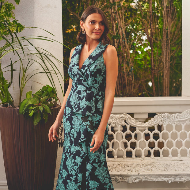 Floral Jacquard Shawl Collar Gown In Navy Multi