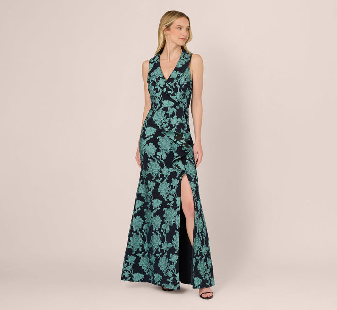 Floral Jacquard Shawl Collar Gown In Navy Multi
