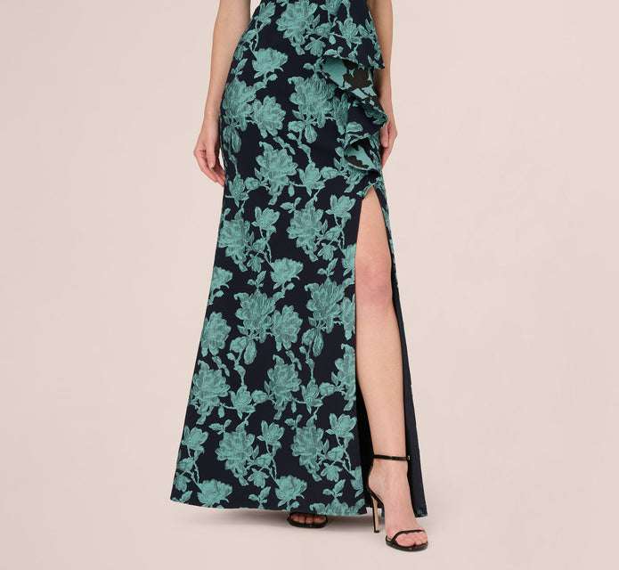 Floral Jacquard Shawl Collar Gown In Navy Multi