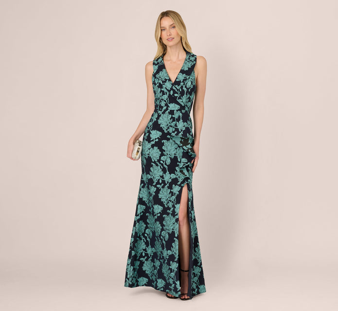 Floral Jacquard Shawl Collar Gown In Navy Multi