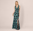 Floral Jacquard Shawl Collar Gown In Navy Multi