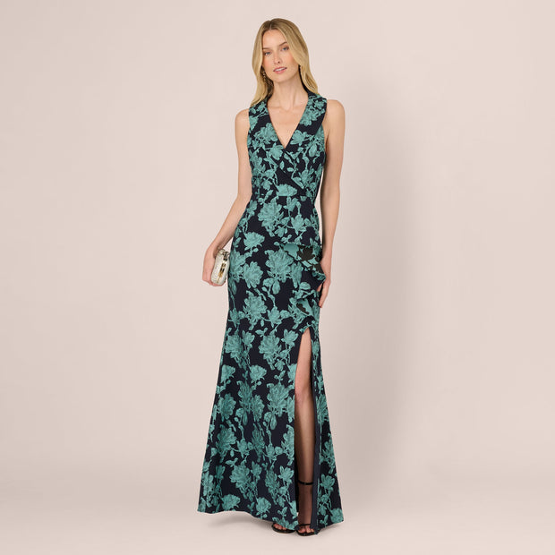 Floral Jacquard Shawl Collar Gown In Navy Multi