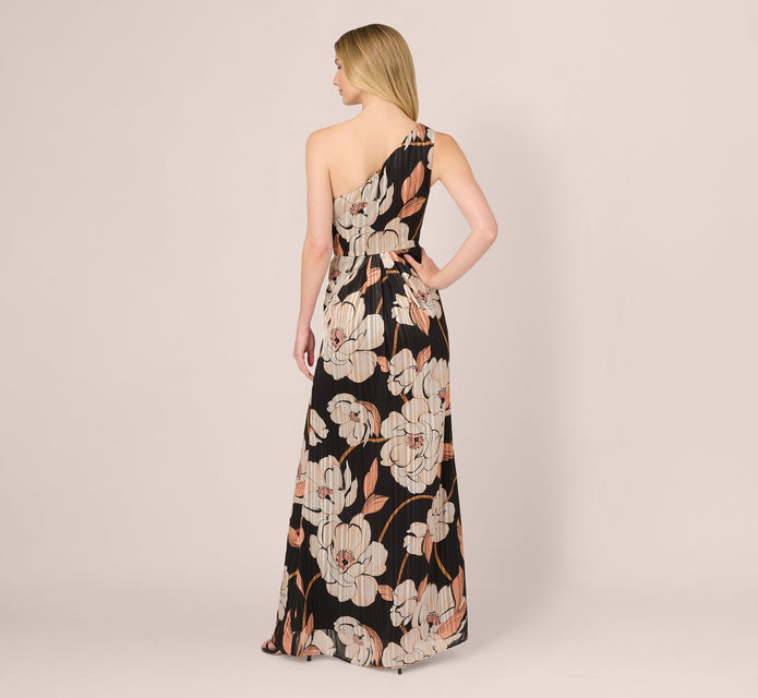 One Shoulder Floral Ribbon Stripe Gown In Black Multi