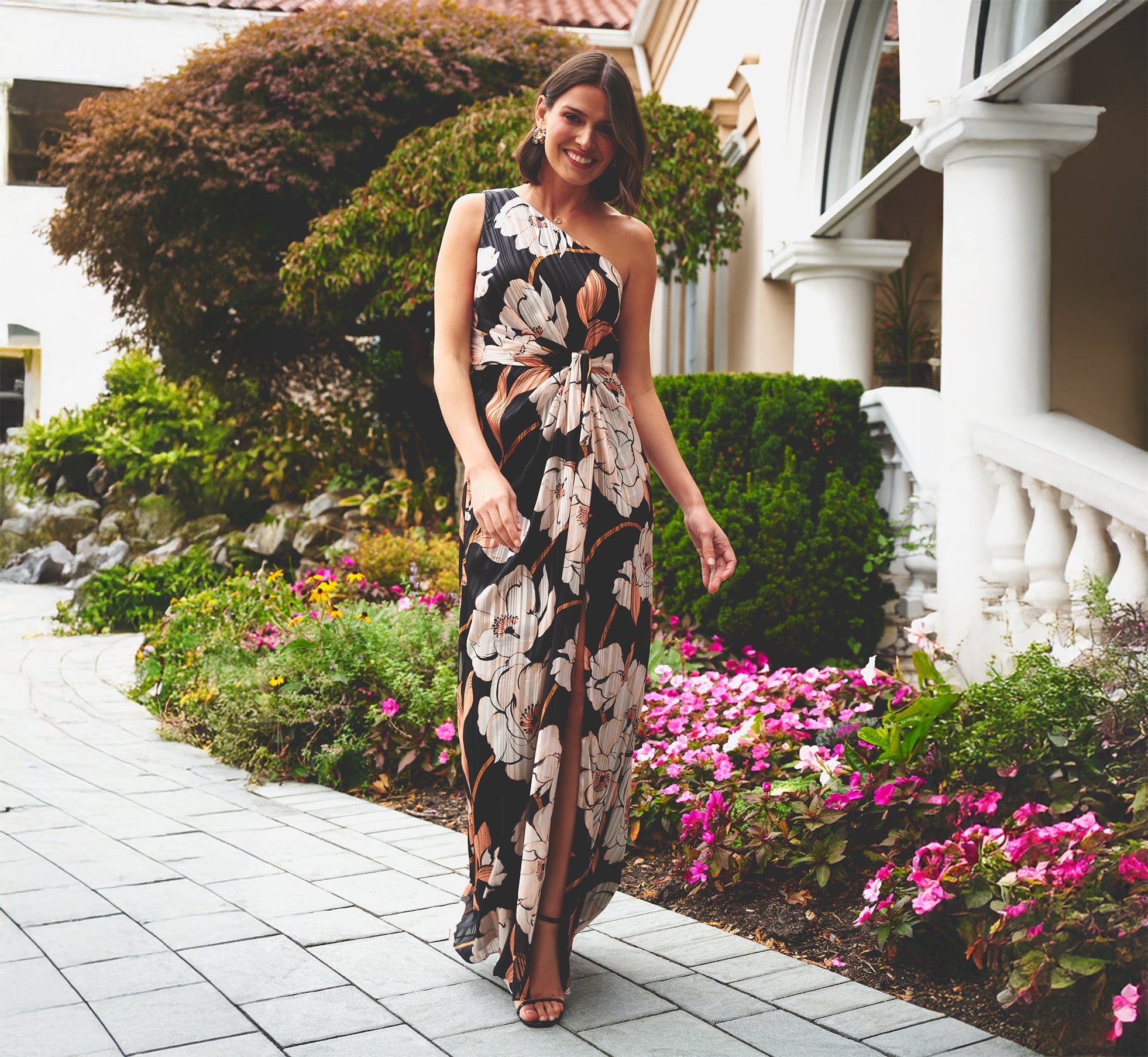 One Shoulder Floral Ribbon Stripe Gown In Black Multi