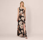 One Shoulder Floral Ribbon Stripe Gown In Black Multi