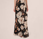 One Shoulder Floral Ribbon Stripe Gown In Black Multi