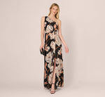 One Shoulder Floral Ribbon Stripe Gown In Black Multi