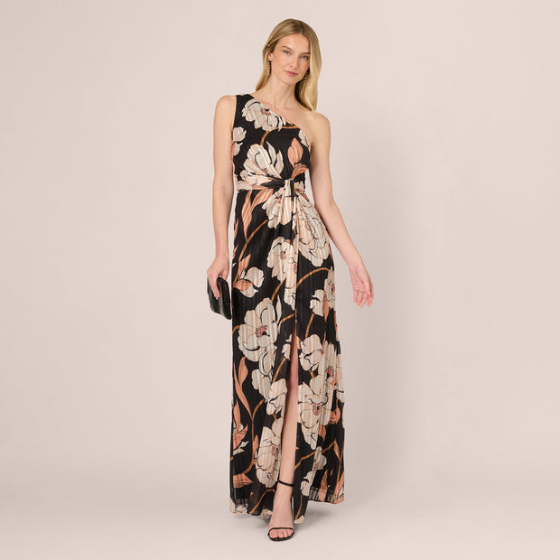 One Shoulder Floral Ribbon Stripe Gown In Black Multi