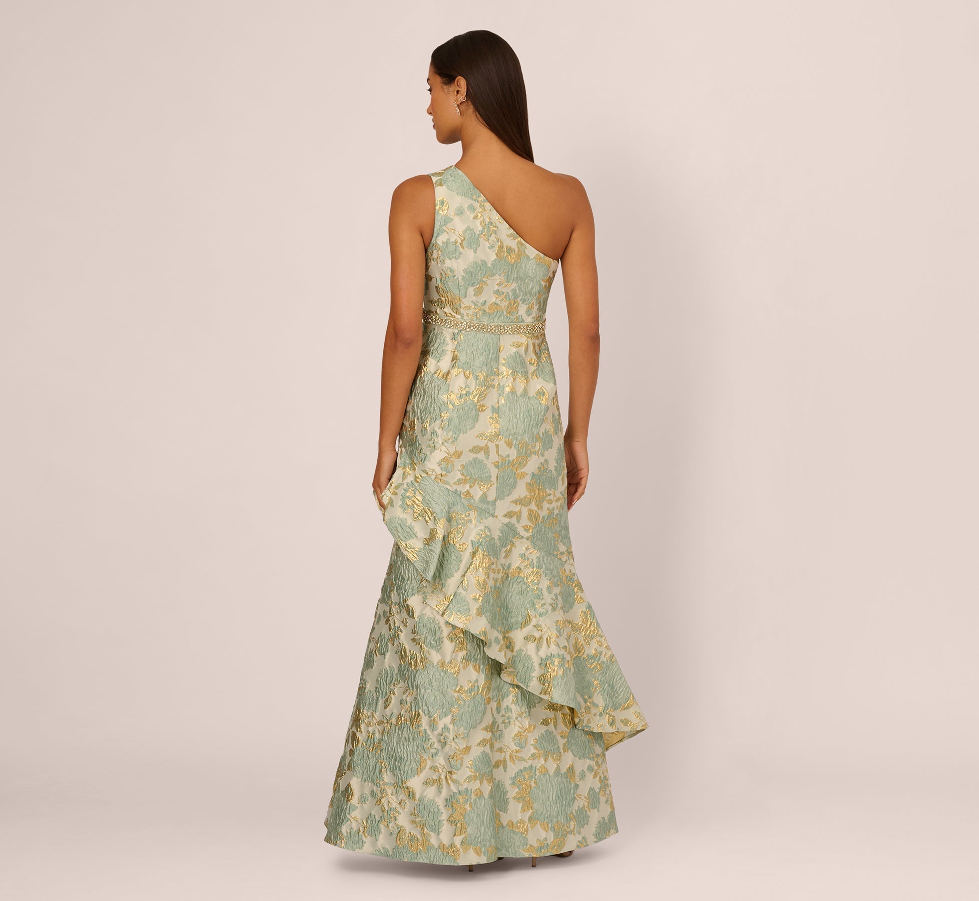One Shoulder Beaded Metallic Floral Gown In Sage Multi – Shop Smart Canada
