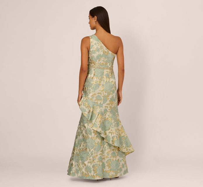 One Shoulder Beaded Metallic Floral Gown In Sage Multi