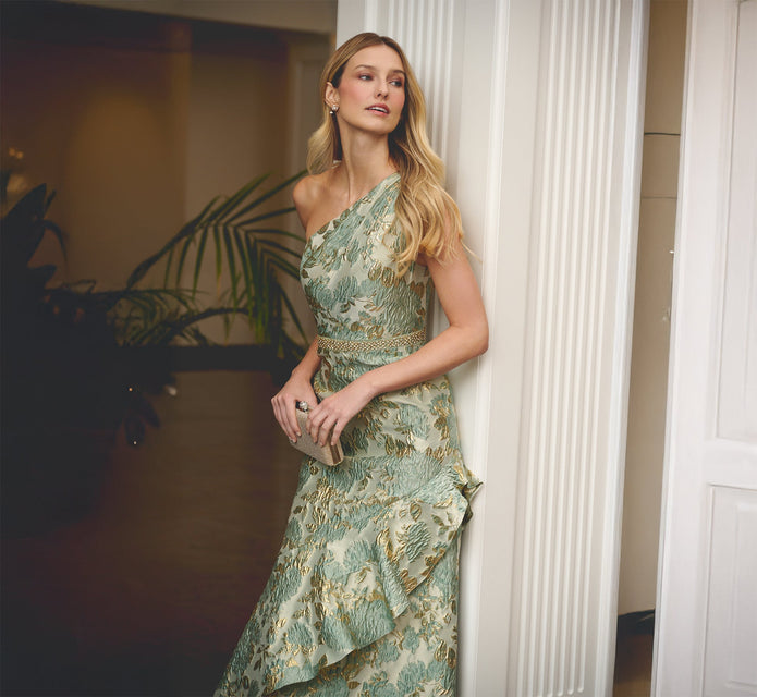 One Shoulder Beaded Metallic Floral Gown In Sage Multi