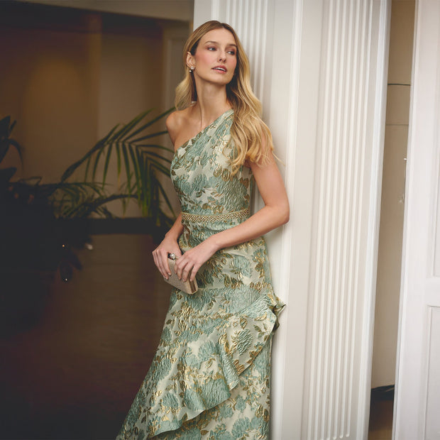 One Shoulder Beaded Metallic Floral Gown In Sage Multi