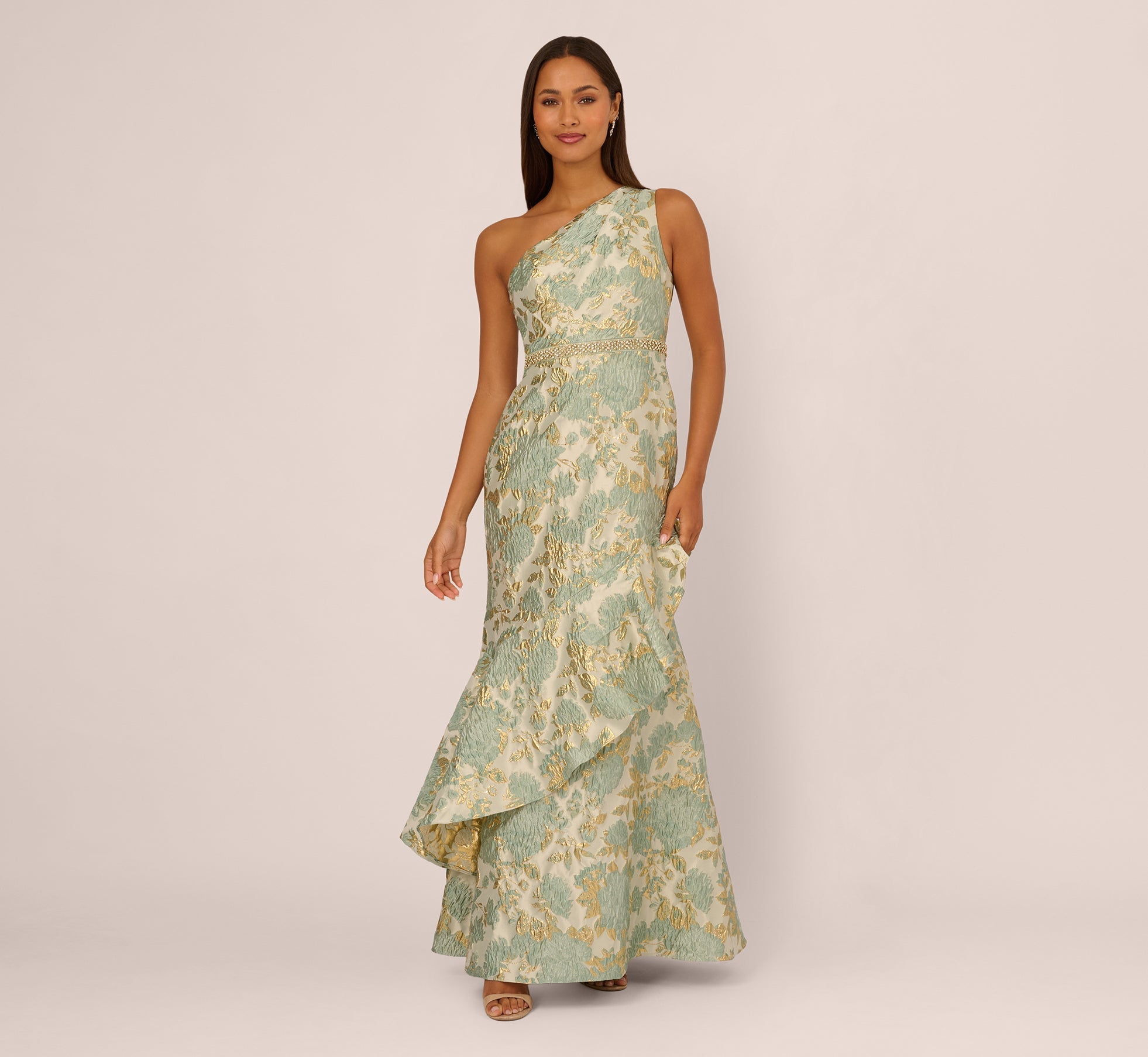 One Shoulder Beaded Metallic Floral Gown In Sage Multi