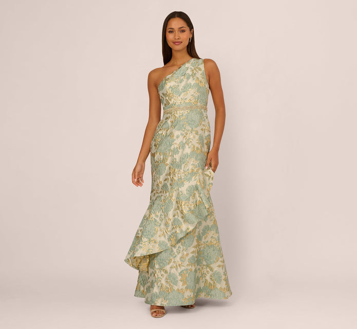 One Shoulder Beaded Metallic Floral Gown In Sage Multi