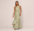 One Shoulder Beaded Metallic Floral Gown In Sage Multi