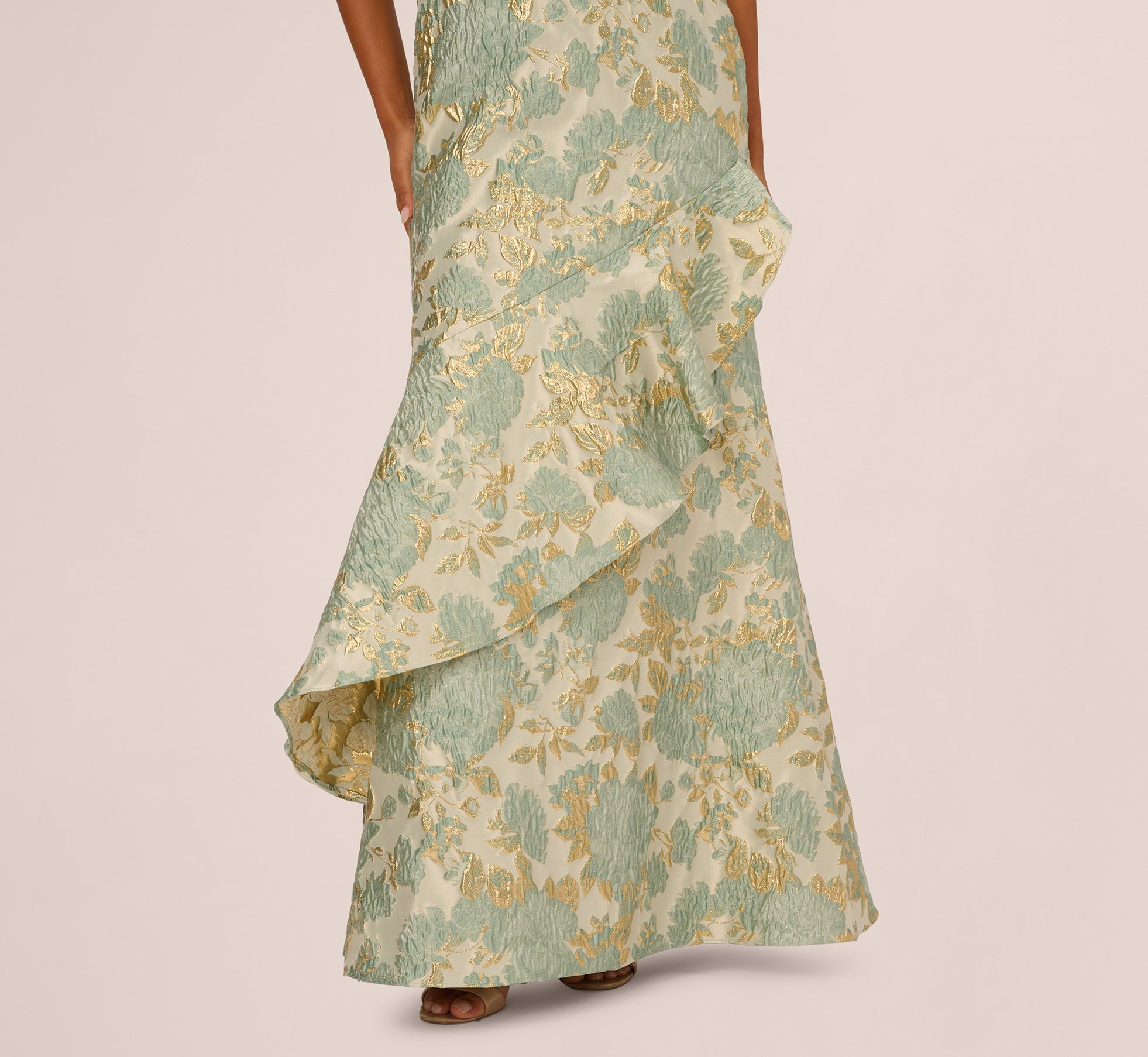 One Shoulder Beaded Metallic Floral Gown In Sage Multi